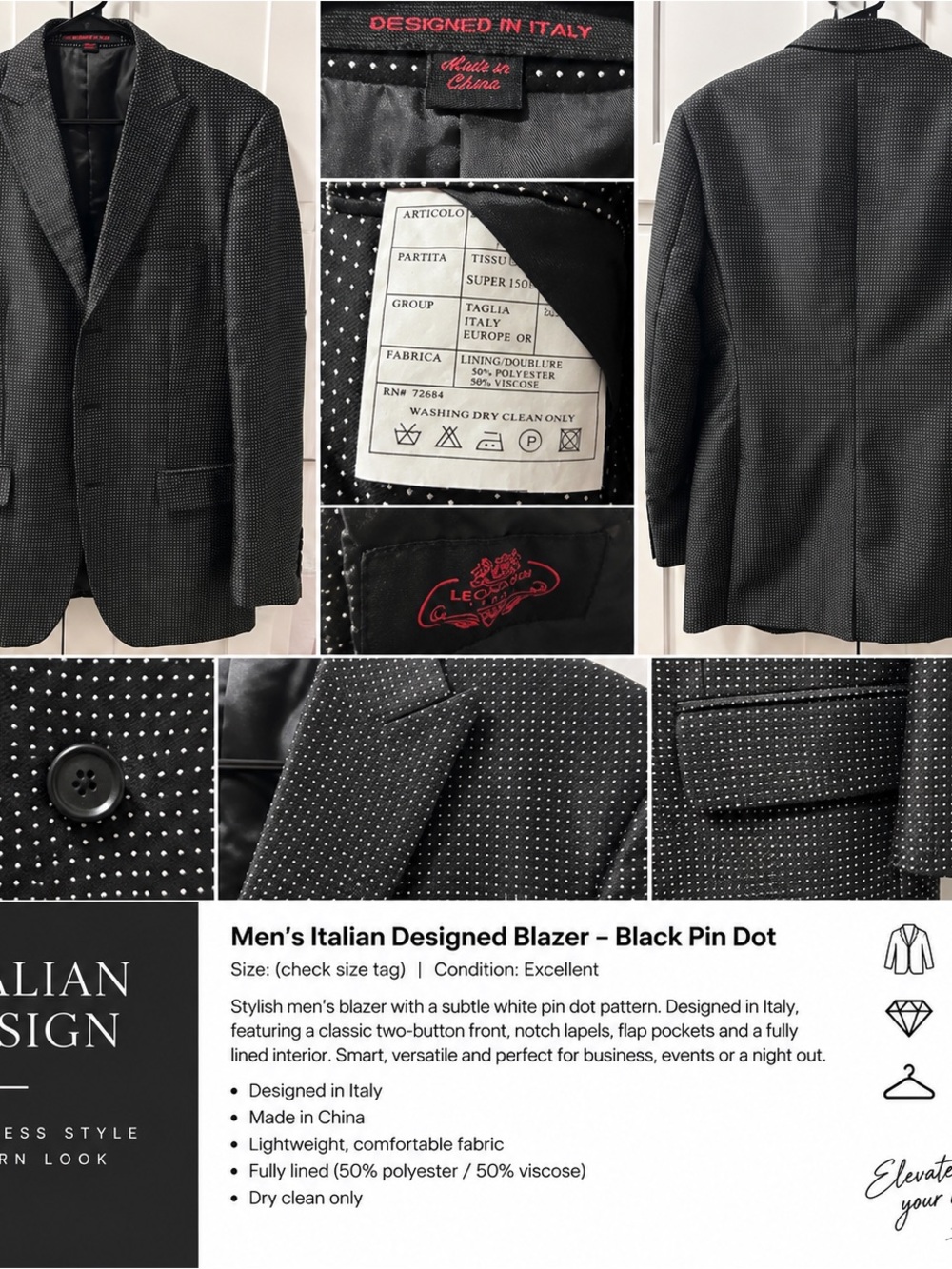 Men's Black Pin Dot Blazer - Italian Designed